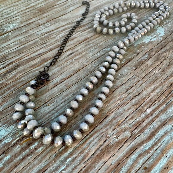Faceted Gray Czech Glass Bead Necklace w Pearlized Finish & Brass Spacers - Picture 6 of 7